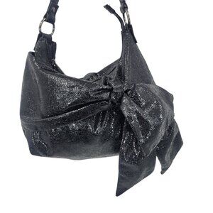 Simply Vera Liquid Black Bow Shoulder Bag Vegan Faux Leather Artsy Biker Goth‎